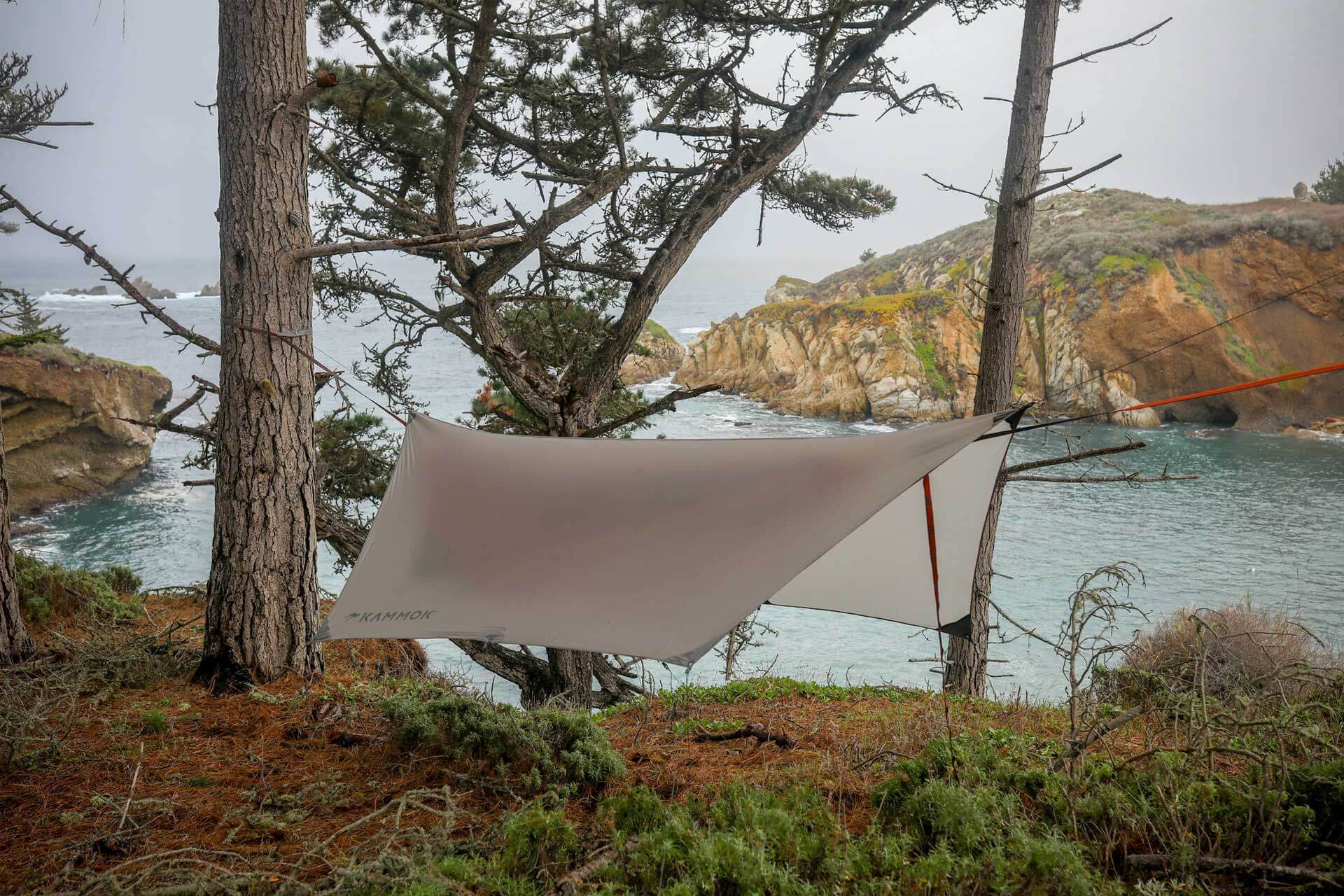 A hammock tent shelter hanging in the woods overlooking a lake with mountains in the distance.