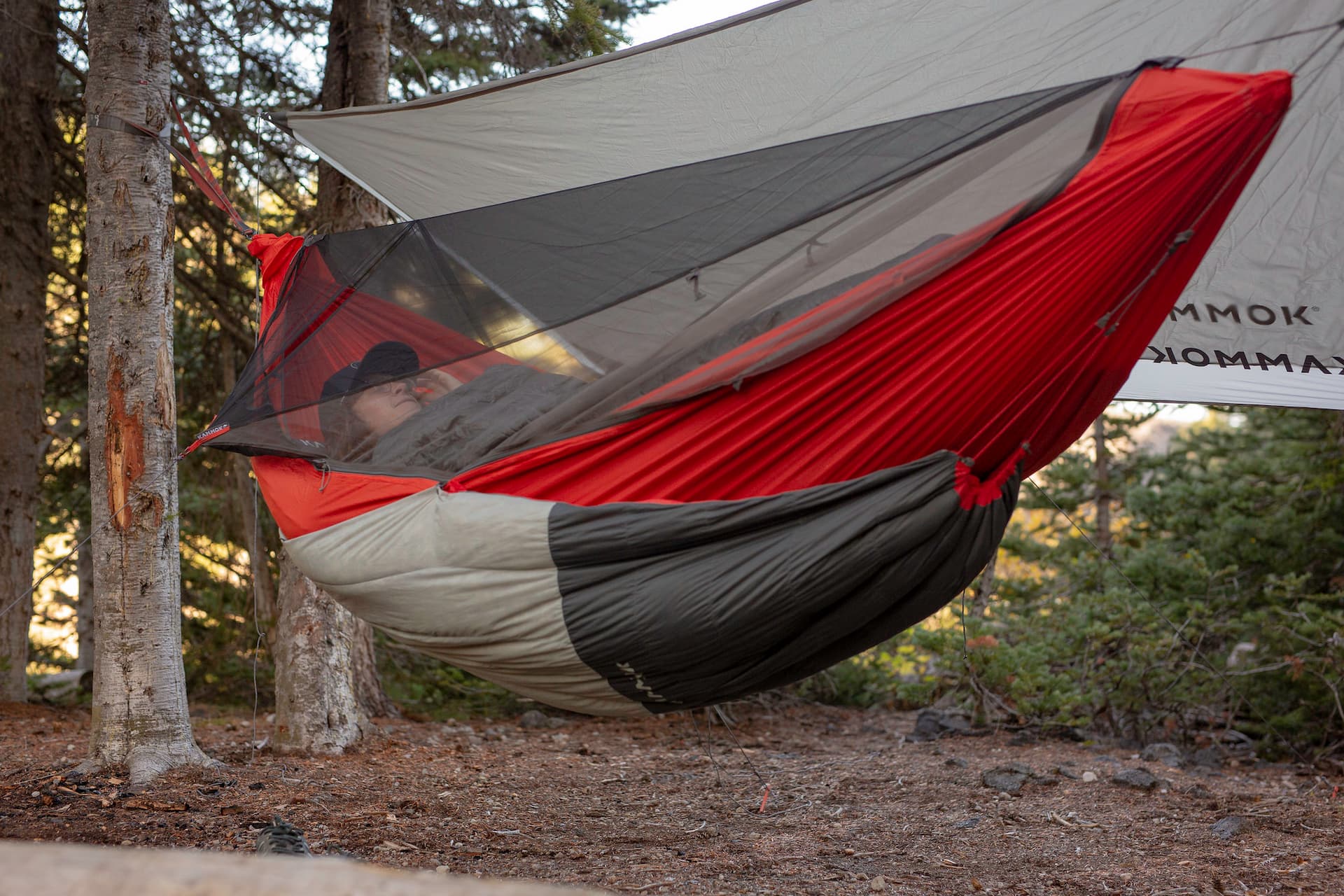 Person lying in a mantis hammock tent suspended between two trees with person sleeping.