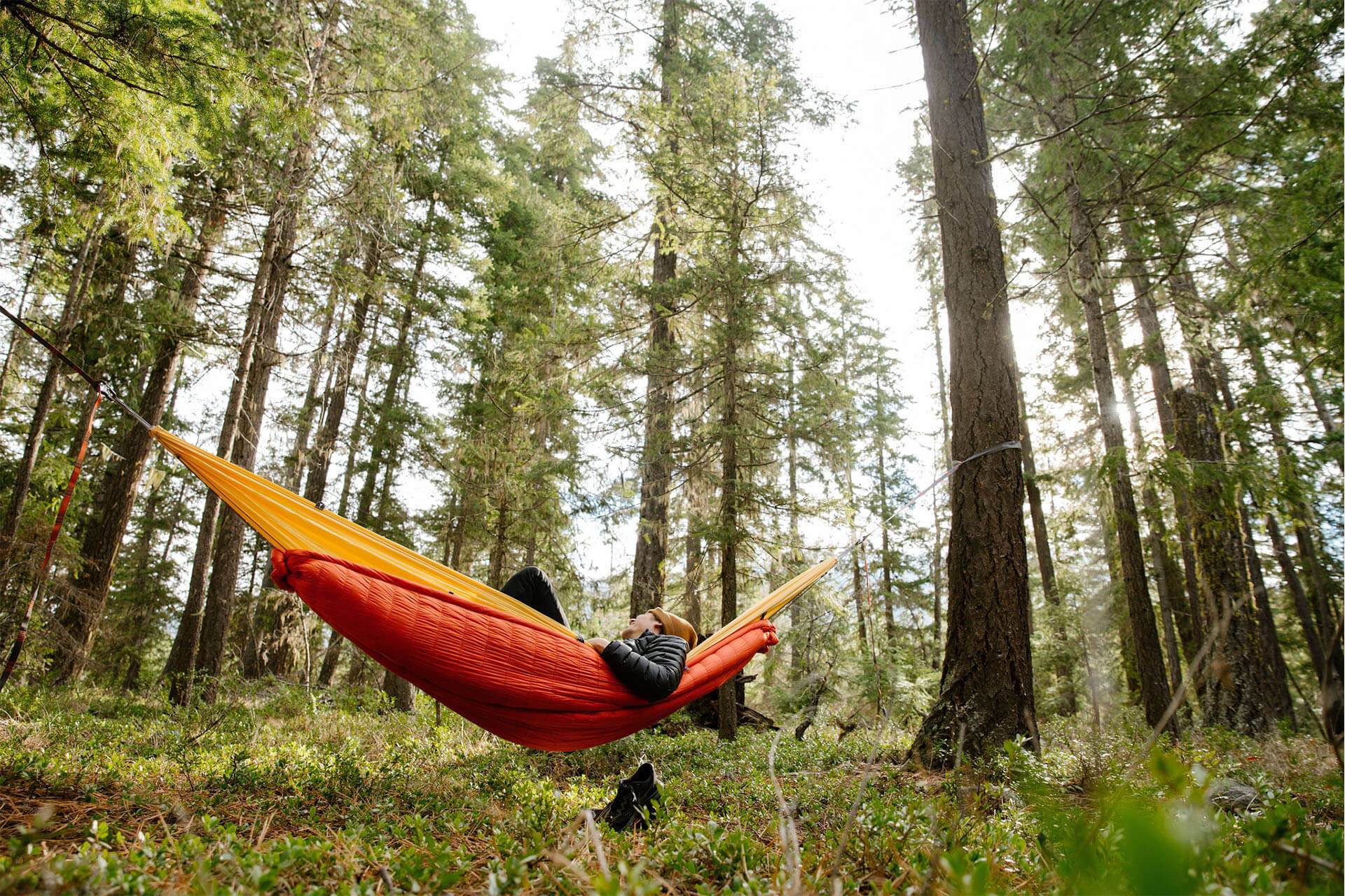 Person lying in a hammock in the woods with a trail quilt installed under the hammock for warmth.