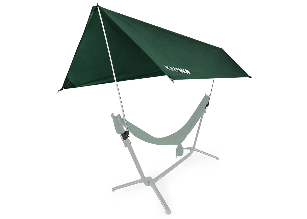 Studio photo of Swiftlet Shade poles showing the full product attached to a Swiftlet Hammock Stand with the Tarp.